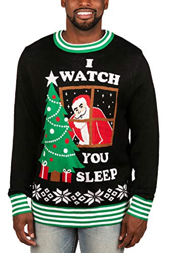 Tipsy Elves' Men's I Watch You Sleep Pullover - Funny Black Ugly Christmas Sweater Size Medium