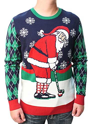 Ugly Christmas Sweater Company Men's Assorted Crew Neck Xmas Sweaters, Moonlight Winter Golf Santa, XX-Large