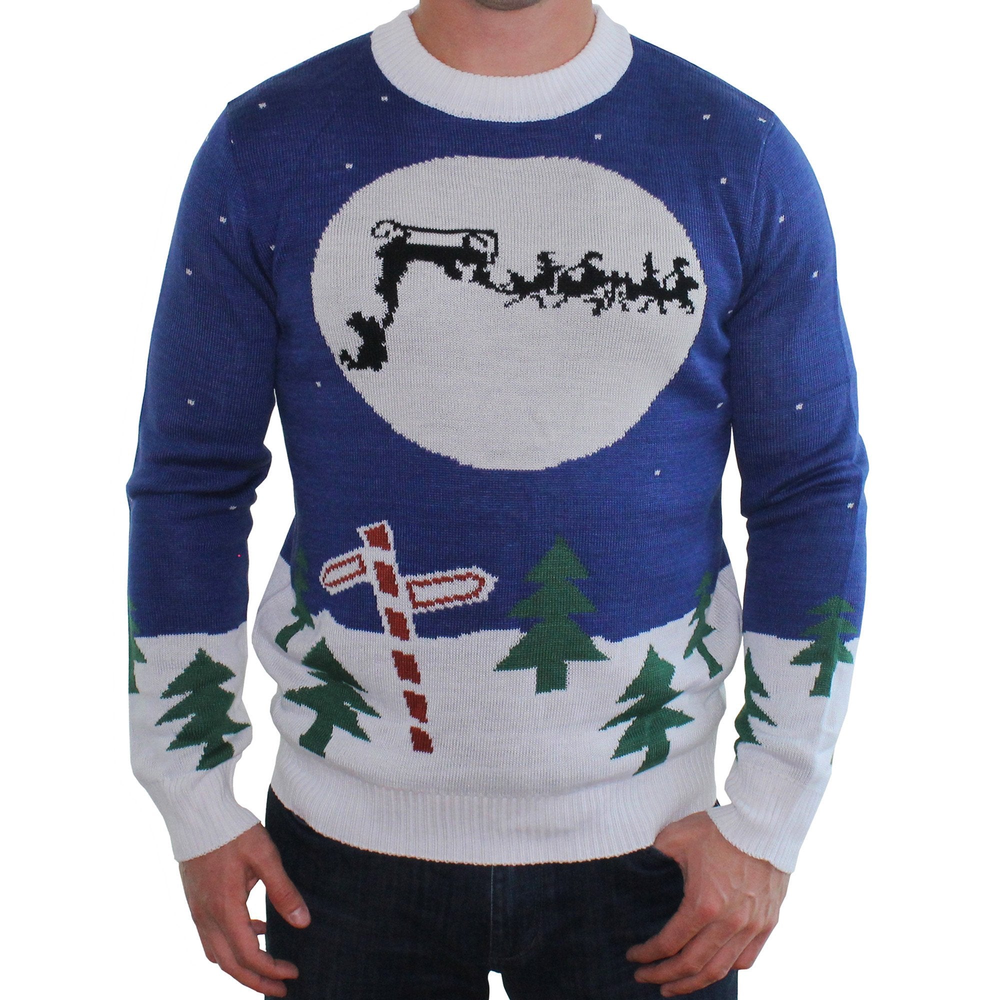 Tacky Blue Sweater Runaway Sleigh Santa