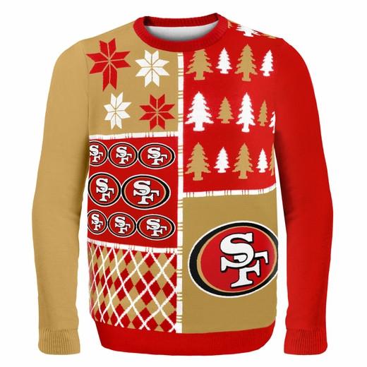 San Francisco 49ers Ugly Christmas Sweater in red gold and white, busy block style by Forever Collectibles for Team Ugly