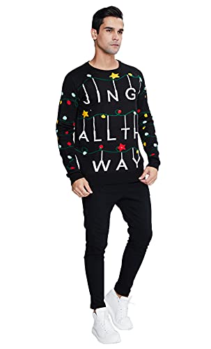 Goodstoworld Mens Womens Light Up Ugly Christmas Sweaters Tacky Black Knitted Pullover Jumper Led String Matching Xmas Funny Sweatshirt for Couples Gift Gingle All The Way