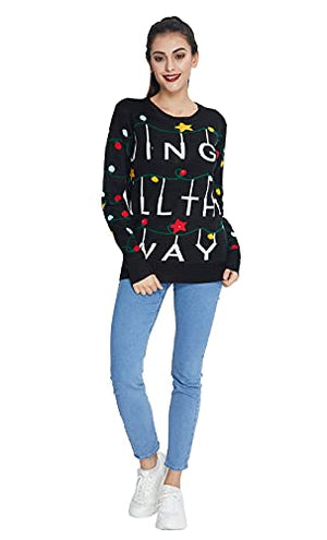 Goodstoworld Mens Womens Light Up Ugly Christmas Sweaters Tacky Black Knitted Pullover Jumper Led String Matching Xmas Funny Sweatshirt for Couples Gift Gingle All The Way