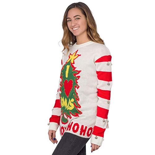 I Love Xmas HOHOHO Light Up (LED) and Bells on Sleeve Ugly Christmas Sweater White