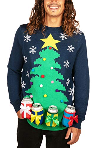 Tipsy Elves' Men's Christmas Tree with Beer Holsters Pullover - Funny Blue Ugly Christmas Sweater Size Small