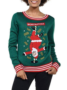 Tipsy Elves Green Women's Ugly Christmas Sweater North Pole Dancer Funny Stripping Santa Claus Holiday Pullover Size X-Large