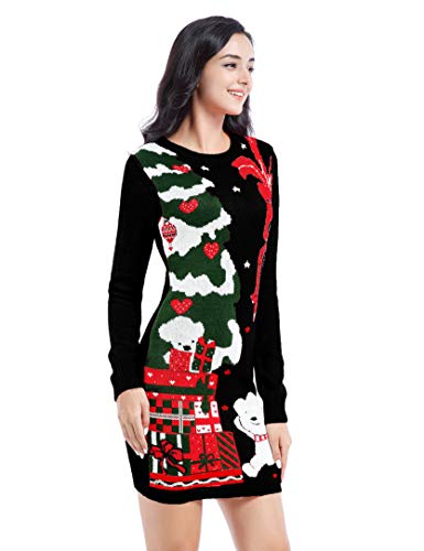 v28 Ugly Christmas Sweater for Women Vintage Funny Merry Knit Sweaters Dress (M, Bear Black)
