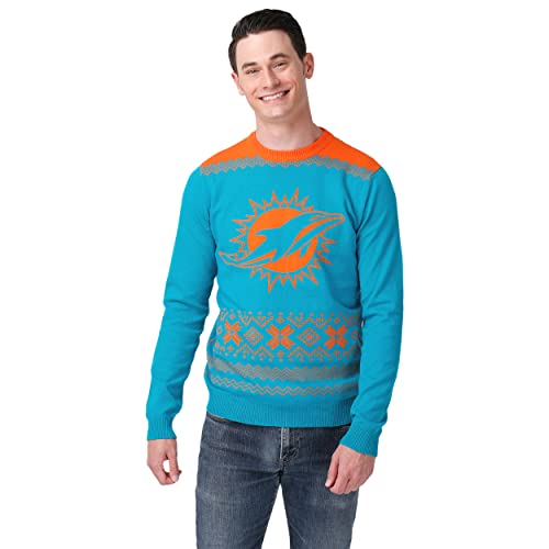 FOCO Men's NFL Big Logo Two Tone Knit Sweater, Medium, Miami Dolphins