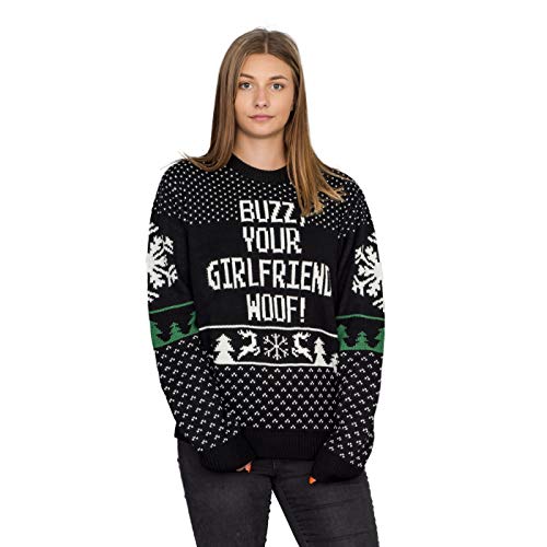 Home Alone Buzz Your Girlfriend Woof Ugly Christmas Sweater (Adult Large) Black