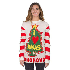 I Love Xmas HOHOHO Light Up (LED) and Bells on Sleeve Ugly Christmas Sweater White