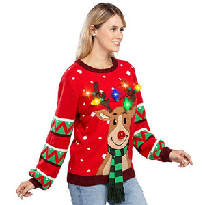 Womens LED Light Up Reindeer Ugly Christmas Sweater Built-in Light Bulbs (Red, Medium)