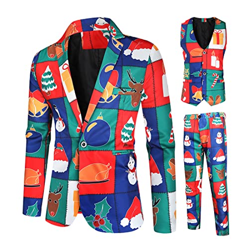 Men Suits Christmas Print 3 Piece Suit Casual Print Party Suit Fashion Jacket Vest Pants Holiday Clothes Color 1 Large