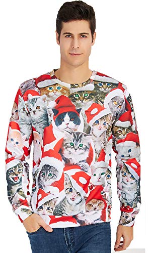 70s Adult Couple Ugly Christmas Sweater Oversized Cute Colorful Xmas Cats Family Pullover Funny Comfy Lovely Animal Sweatshirts Loose Geometric Winter Warm Blouse Long Sleeve Shirts Grey XL