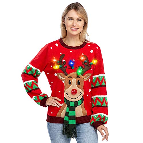 Womens LED Light Up Reindeer Ugly Christmas Sweater Built-in Light Bulbs (Red, Medium)