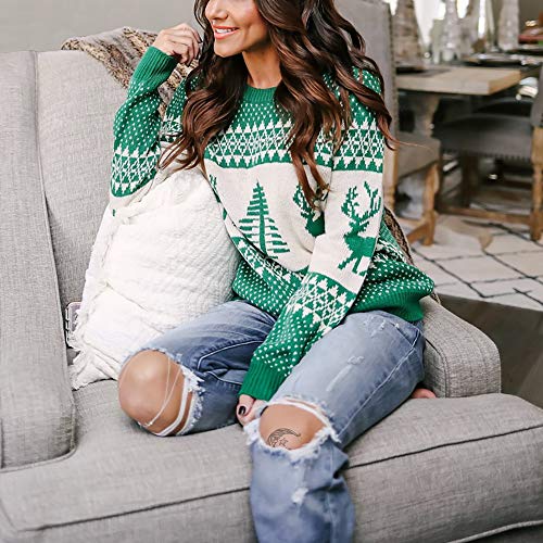 EXLURA Patterns Reindeer Ugly Christmas Sweater Jumper Pullover Tops Green