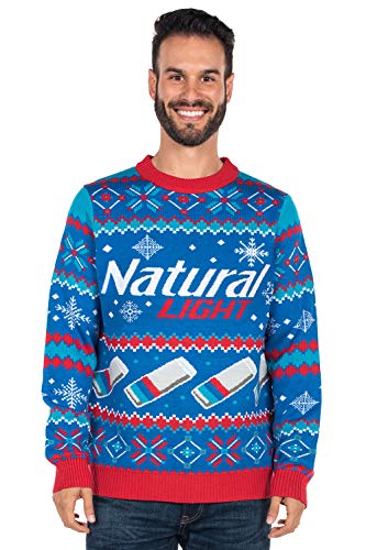 Tipsy Elves Men's Natural Light Ugly Christmas Sweater - Natty Light Xmas Sweater (Blue, Medium)