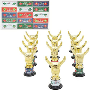 12 Pack Ugly Christmas Sweater Trophy Award with Stickers for Party Decorations, Ugly Sweater Kit