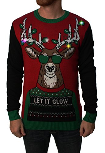 Ugly Christmas Sweater Company Men's Assorted Light-Up Xmas Crew Neck Sweaters with Multi-Colored LED Flashing Lights, Cayenne Let It Glow, X-Large