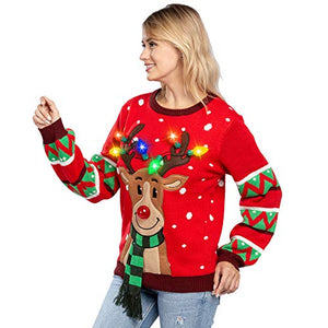 Womens LED Light Up Reindeer Ugly Christmas Sweater Built-in Light Bulbs (Red, Medium)