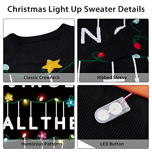 Goodstoworld Mens Womens Light Up Ugly Christmas Sweaters Tacky Black Knitted Pullover Jumper Led String Matching Xmas Funny Sweatshirt for Couples Gift Gingle All The Way