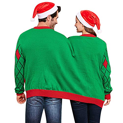 CHARMMA Crew Neck Long Sleeve Two Person Knit Pullover Ugly Christmas Sweater (Green, One Size)