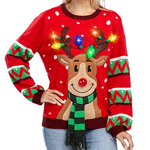 Womens LED Light Up Reindeer Ugly Christmas Sweater Built-in Light Bulbs  (Red, Medium)