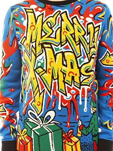 Ugly Christmas Party Unisex Ugly Christmas Sweater Graffiti Elf Santa-Small Graffiti Elf Blue