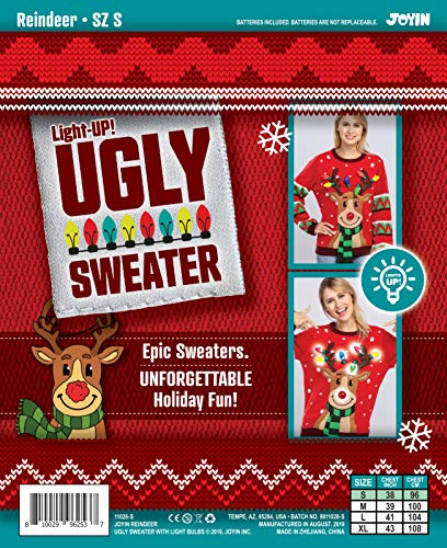 Womens LED Light Up Reindeer Ugly Christmas Sweater Built-in Light Bulbs (Red, Medium)