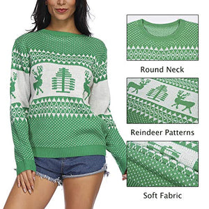 EXLURA Patterns Reindeer Ugly Christmas Sweater Jumper Pullover Tops Green