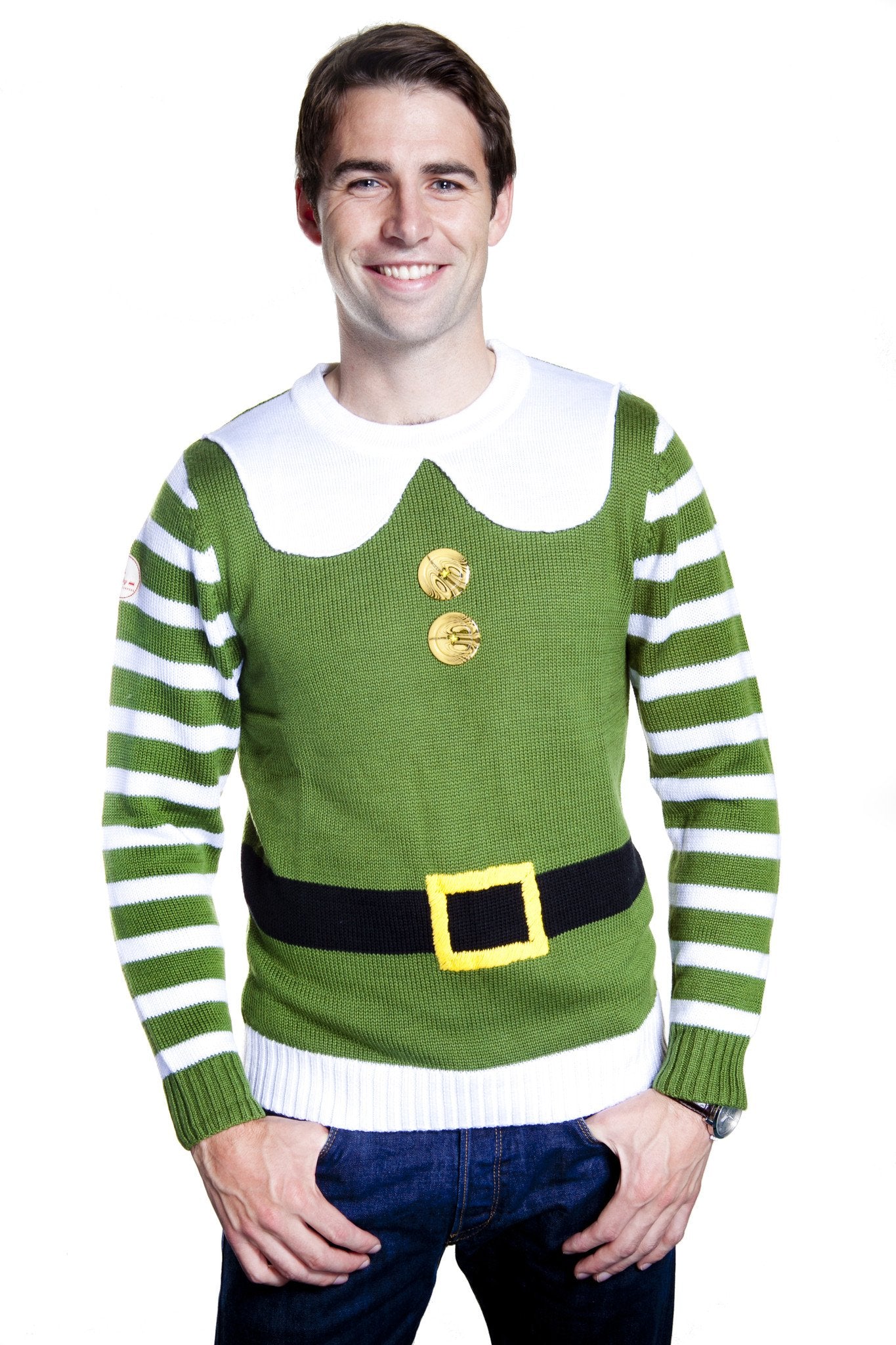 Buddy Elf Christmas Sweater Green and White with Belt