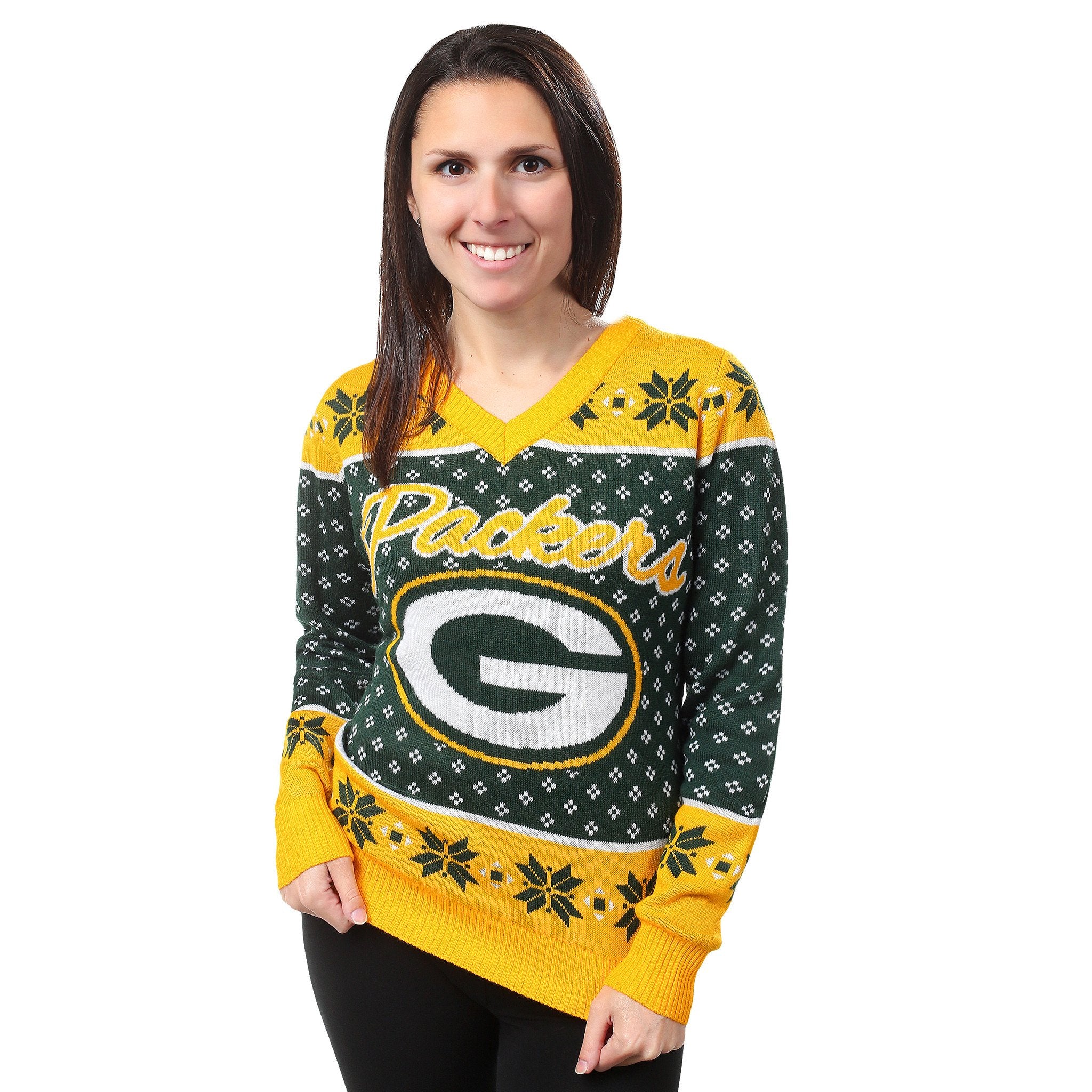 Women's FOCO Green Green Bay Packers Ugly Holiday Cropped Sweater