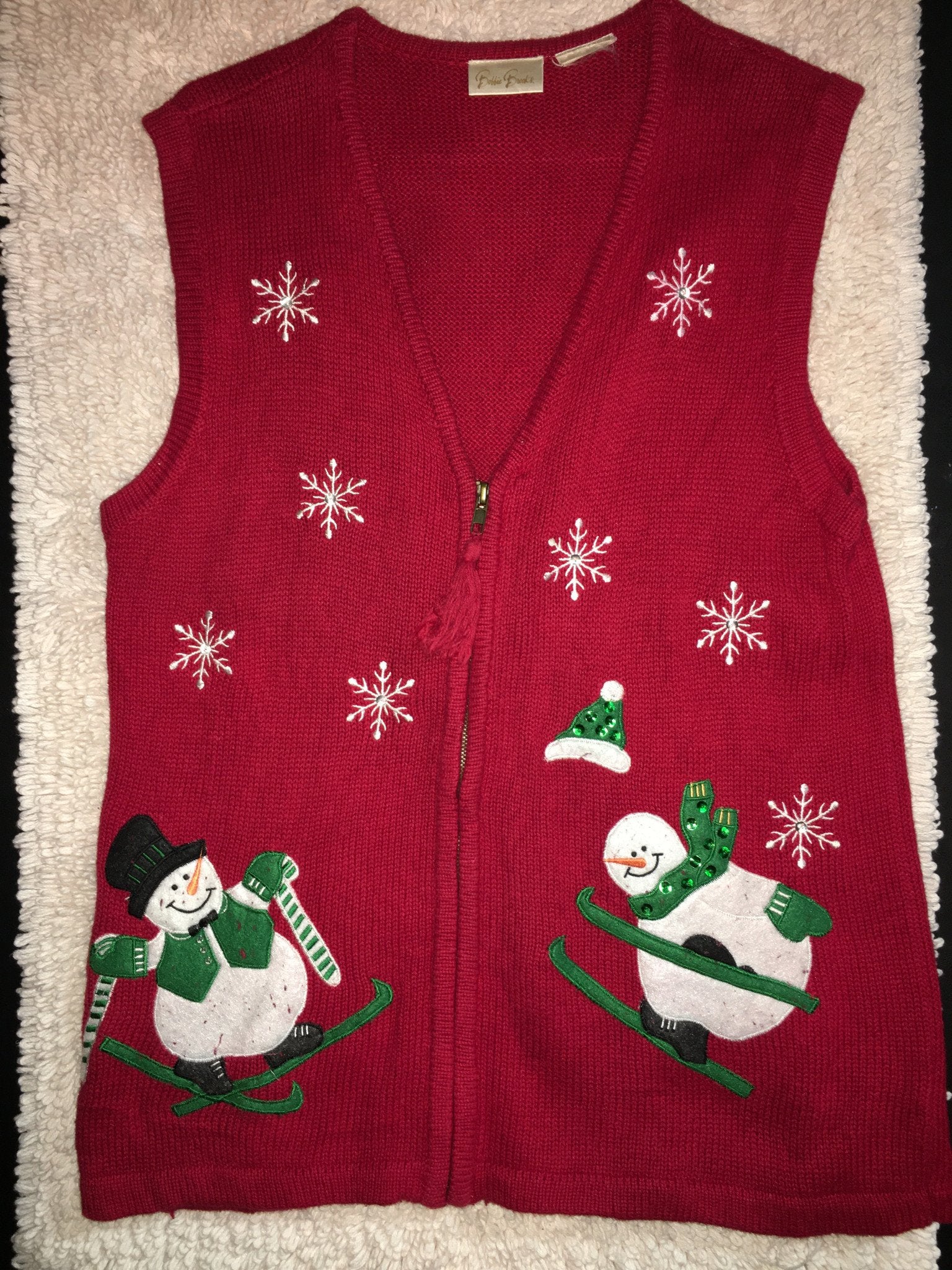 Ugly Christmas Sweater Vest Red with Snowmen Skiiing