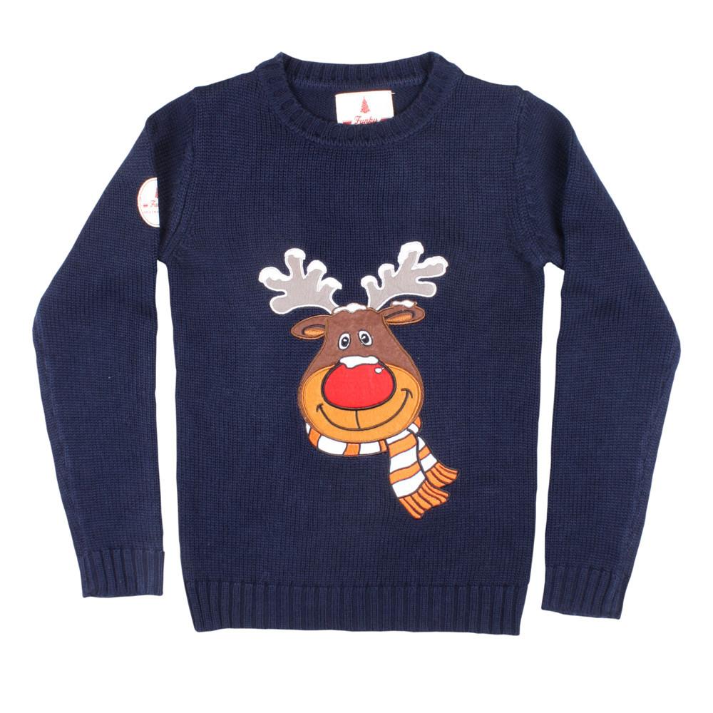 Kids Funny Christmas Sweater Navy Blue Rudolph