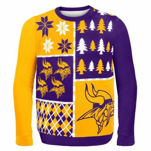 Minnesota Vikings Ugly Christmas Sweater Purple Gold Vikings logo with Christmas trees and snowflakes